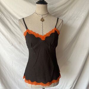 Express Design Stuido Brown polk a dot and orange lace cami top
